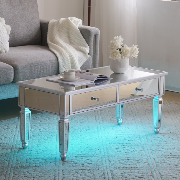 Mirrored Coffee Table with LED Lights and 2 Drawers, Rectangle Modern Cocktail Table for Living Room Office, Silver