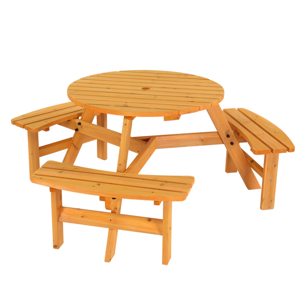 6-Person Outdoor Circular Wooden Picnic Table with 3 Built-In Benches, Outside Table and Bench Set for Porch Backyard Patio Lawn Garden