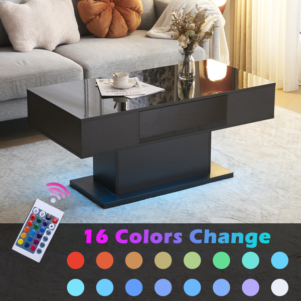 Modern LED Coffee Table with Drawer and 16 Colors LED Lights, High Glossy Coffee End Table for Living Room, Black