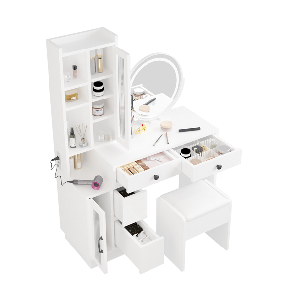 Modern Makeup Vanity Table Set with Side Cabinet and LED Mirror, Retractable Dressing Table with Power Outlets, 3 Light Colors