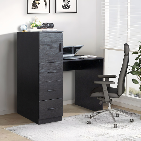 Black embossed particle board with melamine H-type 104.5*49*120cm, one door and three drawers, computer desk, 2 USBs, 2 power sockets
