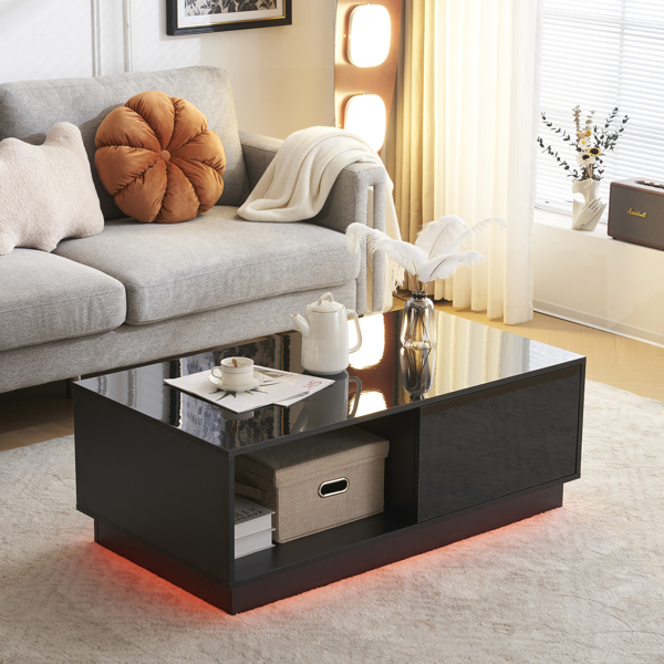 Modern LED Coffee Table with 2 Drawers and 16 Colors LED Lights, High Glossy Rectangle Coffee End Table for Living Room, Black