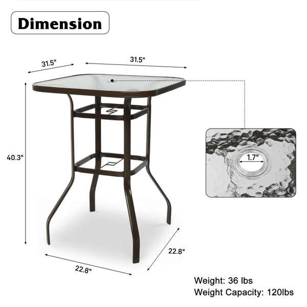 31 Inch Patio Bar Table, Square Outdoor Bar Height Bistro Table with Tempered Glass Tabletop & Umbrella Hole, Outdoor Cocktail Table for Patio Yard Poolside, Brown