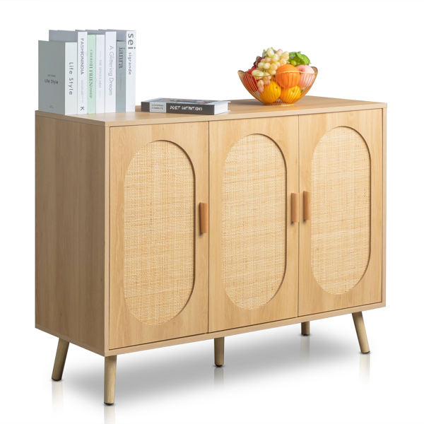 Modern Rattan Shoe Storage Cabinet with 3 Doors and Adjustable Shelves, Accent Cabinet for Living Room, Bedroom, Hallway