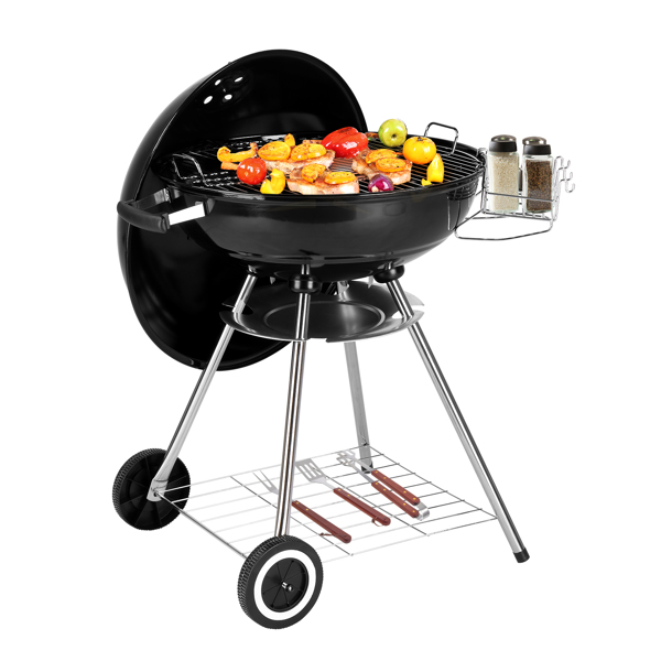 28-Inch Portable Charcoal Grill with Wheels and Storage Holder, Porcelain-Enameled Lid and Ash Catcher & Thermometer, Round Barbecue Kettle Grill Bowl Wheels for Outdoor Party Camping Picnic