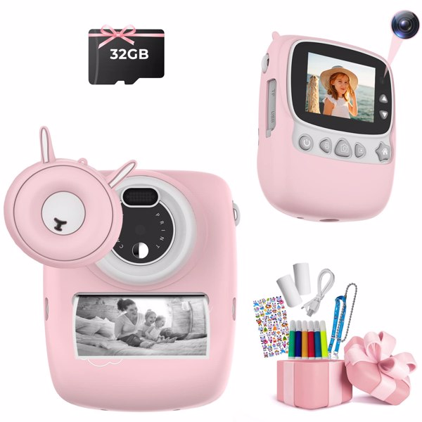 Children's camera, digital camera, instant camera print, 3 rolls of printing paper, 5 colors brush pen gift for children 3-12 years, 1080P 2.4 inch screen video camera with 32GB card, pink, rabbit