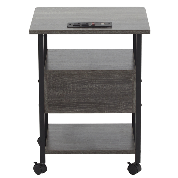 Side Table with Charging Station and Wheels, Rolling End Table with 2 USB Ports and 2 Outlets and Power Switch, Nightstand with Storage Shelves and Drawer for Small Space, Grey