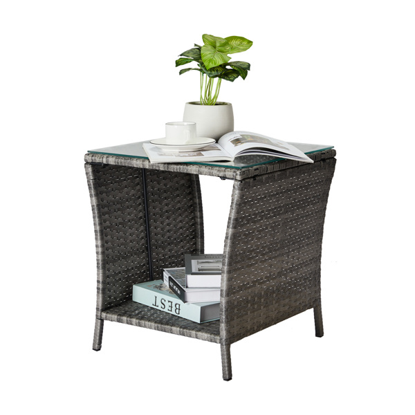 Outdoor Patio Wicker Side Table, Square End Table Bistro Coffee Table with Glass Top Storage Shelf for Porch Garden Backyard Grey