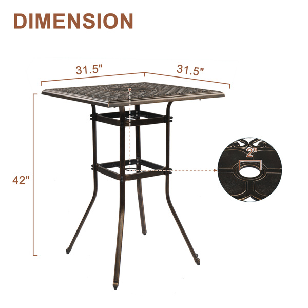 Patio Bar Height Table, All-Weather Cast Aluminium Square Bar Bistro Table with 2" Umbrella Hole, Outdoor Tall Table for Porch Balcony Backyard Garden, Antique Bronze 
