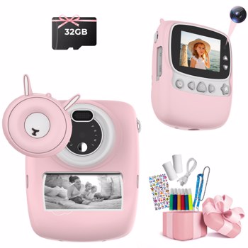 Children\\'s camera, digital camera, instant camera print, 3 rolls of printing paper, 5 colors brush pen gift for children 3-12 years, 1080P 2.4 inch screen video camera with 32GB card, pink, rabbit