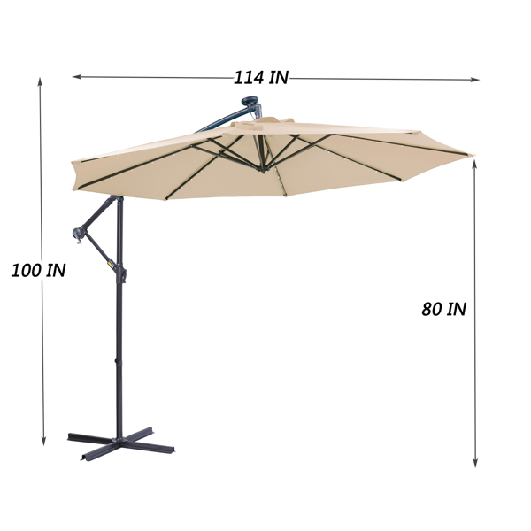 10 FT Solar LED Patio Outdoor Umbrella Hanging Cantilever Umbrella Offset Umbrella Easy Open Adjustment with 32 LED Lights - Tan