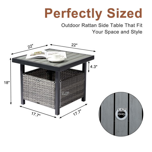 Outdoor Wicker Side Table with Umbrella Hole & Storage Space, Square PE Rattan End Table for Patio Garden Poolside Deck, Grey