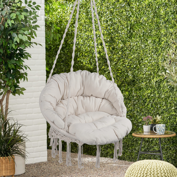 Hammock Chair Macrame Swing Max 330 Lbs Hanging Cotton Rope Hammock Swing Chair for Indoor and Outdoor with Cushion ,Beige [Sale to Temu is Banned.Weekend can not be shipped, order with caution]