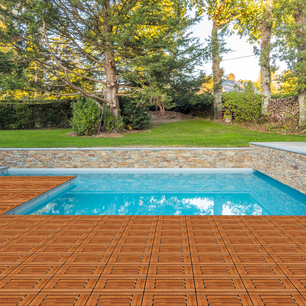 27pcs Wood Interlocking Deck Tiles 11.8"x11.8", Waterproof Flooring Tiles for Indoor and Outdoor, Patio Wood Flooring for Patio Porch Poolside Balcony Backyard, Checked Pattern