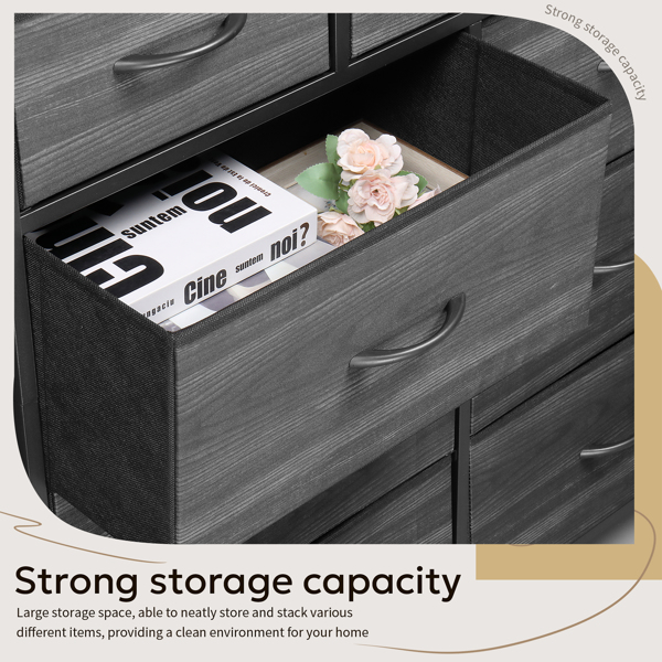 10 drawers, 6 large and 4 small, non-woven storage cabinets, cationic cloth surface + non-woven fabric drawers + particle board + iron frame 85*30*120cm, black wood grain drawer surface