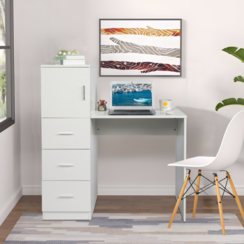 White embossed particle board with melamine H-type 104.5*49*120cm, one door and three drawers, computer desk, 2 USBs, 2 power sockets