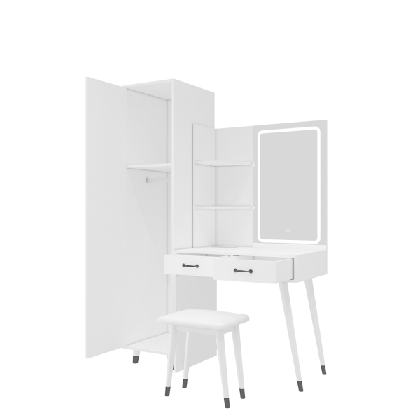 Makeup Vanity Table and Slim Armoire Wardrobe Set, Dressing Table with LED Mirror and Power Outlets and 2 Drawers, Tall Bedroom Closet with Hanging Rod, White