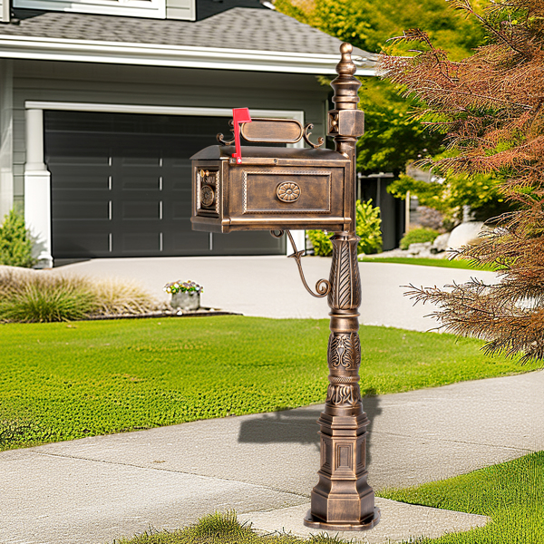 Decorative Large Mailbox with Post, Heavy Duty Cast Aluminum Postal Mail Box with Address Plaque, Antique Bronze