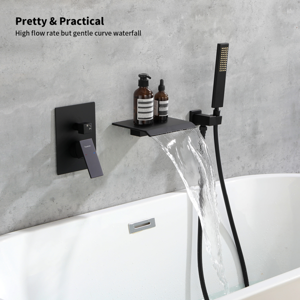Male NPT Tub Faucet with Hand Shower, Matte Black Waterfall Bathtub Shower Faucet Set, Wall Mount Tub Shower System with Solid Brass Rough-in Valve Shower Trim Kit[Unable to ship on weekends, please p