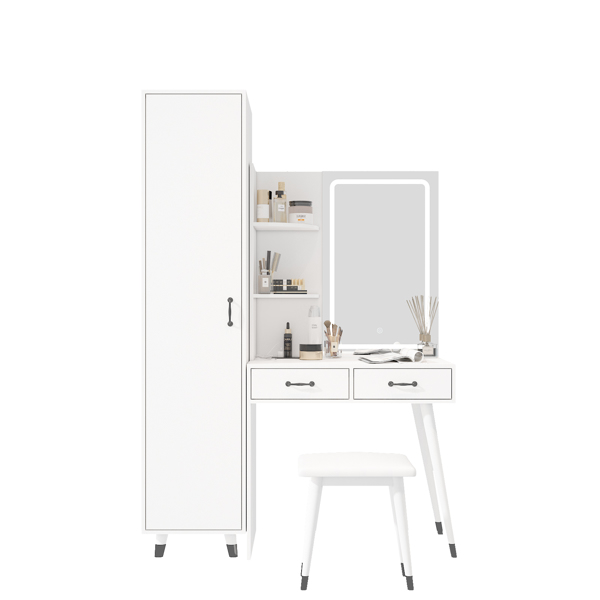 Makeup Vanity Table and Slim Armoire Wardrobe Set, Dressing Table with LED Mirror and Power Outlets and 2 Drawers, Tall Bedroom Closet with Hanging Rod, White