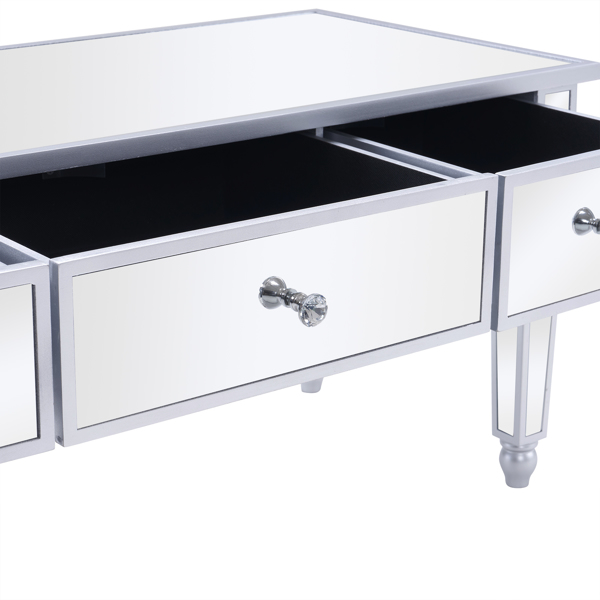 Mirrored Coffee Table with LED Lights and 3 Drawers, Rectangle Modern Cocktail Table for Living Room Office, Silver
