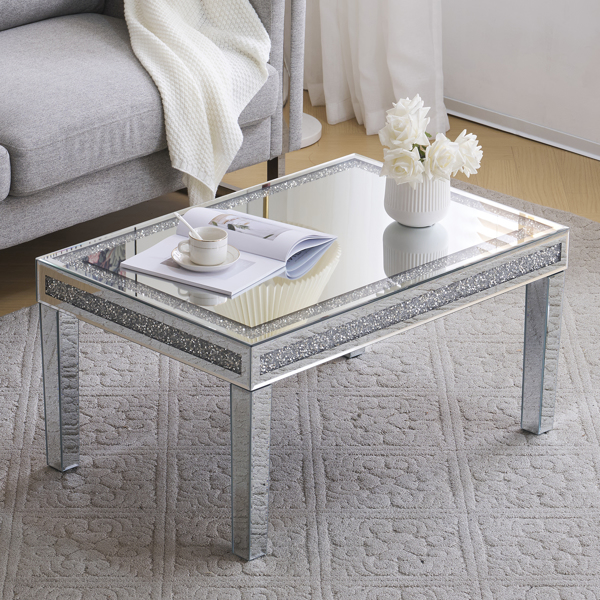 Mirrored Coffee Table with Crystal Inlay, Rectangle Modern Cocktail Table for Living Room Office, Silver