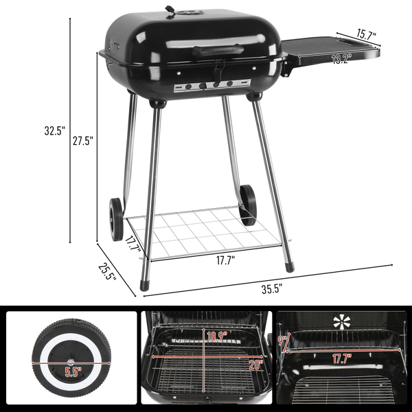 28" Portable Charcoal Grill with Wheels and Foldable Side Shelf, Large BBQ Smoker with Adjustable Vents on Lid for Outdoor Party Camping Picnic