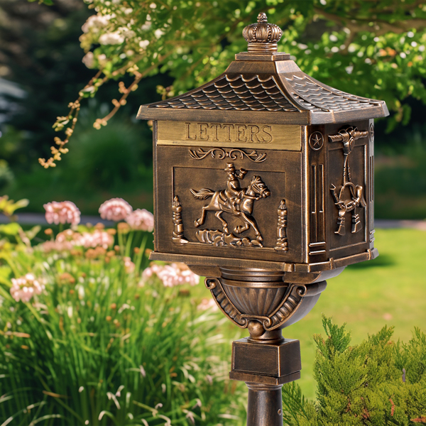 Cast Aluminum Mailbox with Post, Heavy Duty Postal Box with 2 Keys, Baffle Door, Expansion Bolts, Address Panel, In-Ground Large Security Mailbox for Outside, Antique Bronze
