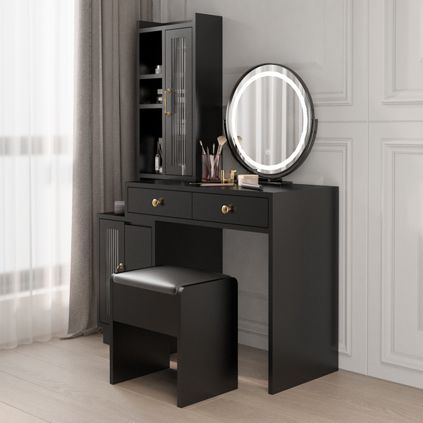 Modern Makeup Vanity Table Set with Side Cabinet and LED Mirror, Retractable Dressing Table with Power Outlets, 3 Light Colors
