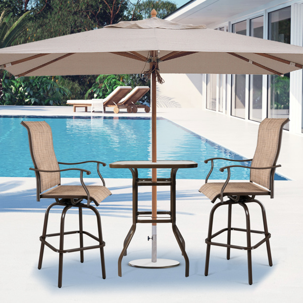 31 Inch Patio Bar Table, Square Outdoor Bar Height Bistro Table with Tempered Glass Tabletop & Umbrella Hole, Outdoor Cocktail Table for Patio Yard Poolside, Brown