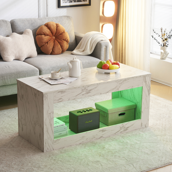 Modern Coffee Table with LED Light, Faux Marble High Glossy Coffee End Table with Open Storage for Living Room