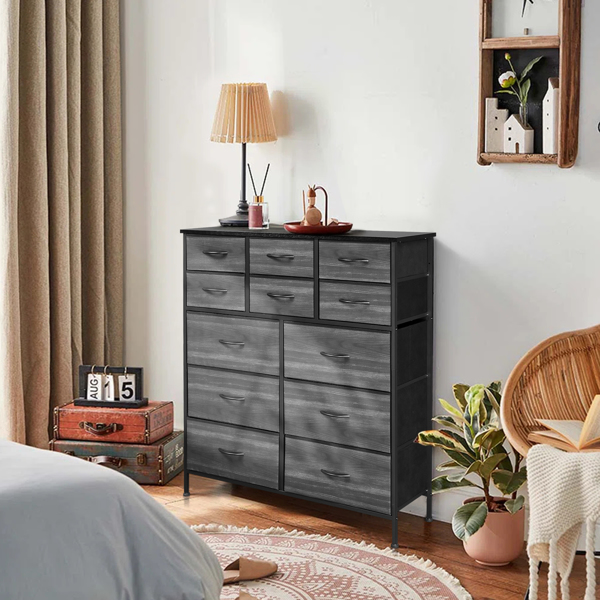 12 drawers, 6 large and 6 small, non-woven storage cabinets, cationic cloth surface + non-woven fabric drawers + particle board + iron frame 100*30*110cm, black wood grain drawer surface