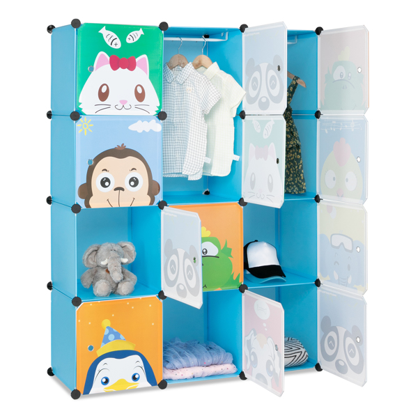 4 layers, 12 grids with animal patterns and 2 hanging rods, Rubik's cube wardrobe, plastic, steel wire, 105*35*140cm, patterned door, blue cabinet