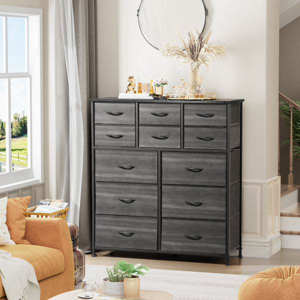 12 drawers, 6 large and 6 small, non-woven storage cabinets, cationic cloth surface + non-woven fabric drawers + particle board + iron frame 100*30*110cm, black wood grain drawer surface
