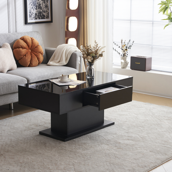 Modern LED Coffee Table with Drawer and 16 Colors LED Lights, High Glossy Coffee End Table for Living Room, Black