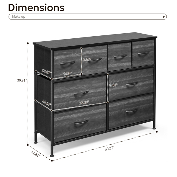 8 drawers, 4 large and 4 small, non-woven storage cabinets, cationic cloth surface + non-woven fabric drawers + particle board + iron frame 100*30*77cm, black wood grain drawer surface