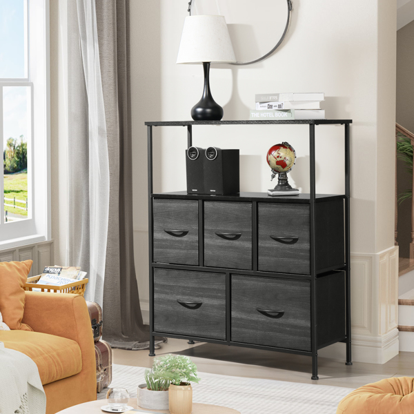 5 drawers, 2 large and 3 small, with top shelf, non-woven storage cabinet, cationic cloth surface + non-woven fabric drawer + particle board + iron frame 80*30*96.5cm, black wood grain drawer surface