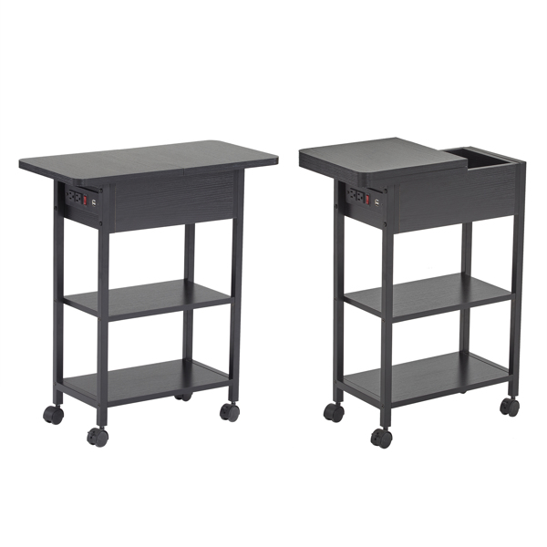 Set of 2 Slim Side Table with Charging Station and Wheels, Rolling End Table with 2 USB Ports and 2 Outlets and Power Switch, Flip Top Nightstand with Storage Shelves for Small Space, Black
