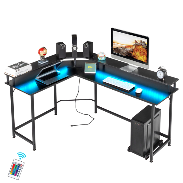 Black pockmarked particle board with triamine coating L-shaped with upper shelf 170*120*75cm computer desk with RGB light + 2 USB interfaces + 2 three-plug interfaces
