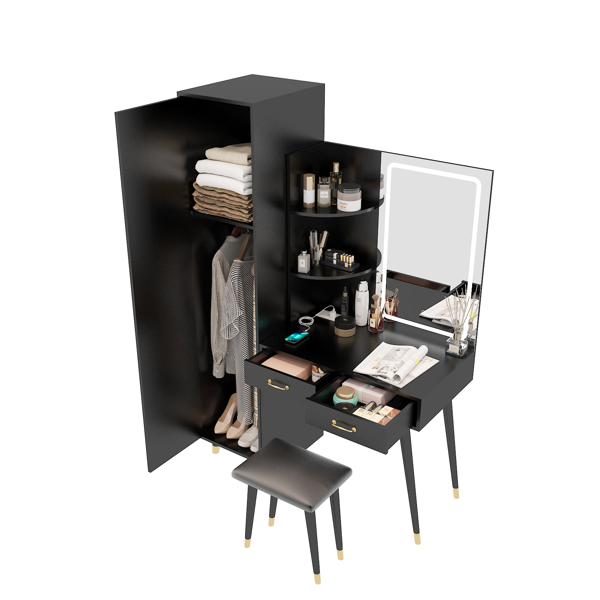 Makeup Vanity Table and Slim Armoire Wardrobe Set, Dressing Table with LED Mirror and Power Outlets and 2 Drawers, Tall Bedroom Closet with Hanging Rod, Black