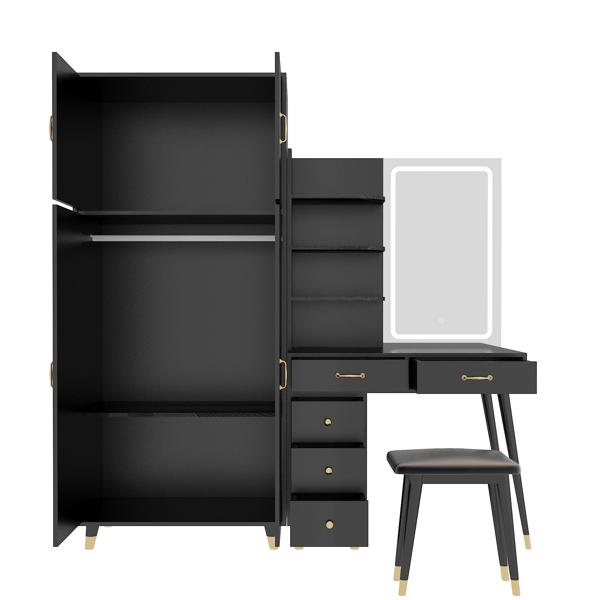 Makeup Vanity Table and Large Armoire Wardrobe Set, Dressing Table with LED Mirror and Power Outlets and 5 Drawers, 4 Door Bedroom Closet, Black