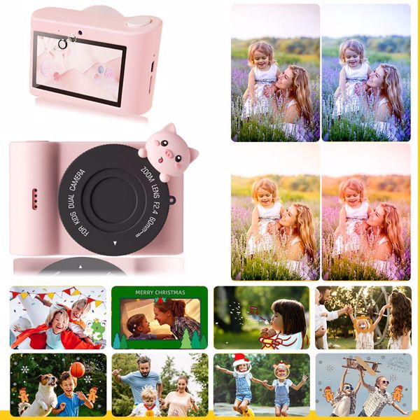 48MP 1080P Kids Camera, WiFi Digital Camera Kids with 3 Inch Touchable Screen e 32GB TF Card, Dual Camera, Pink Piglet
