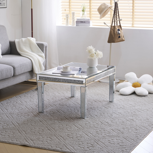 Mirrored Coffee Table with Crystal Inlay, Rectangle Modern Cocktail Table for Living Room Office, Silver