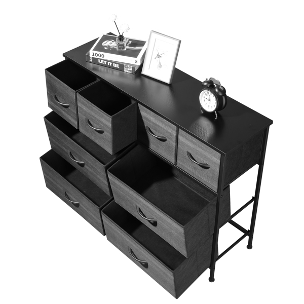 8 drawers, 4 large and 4 small, non-woven storage cabinets, cationic cloth surface + non-woven fabric drawers + particle board + iron frame 100*30*77cm, black wood grain drawer surface