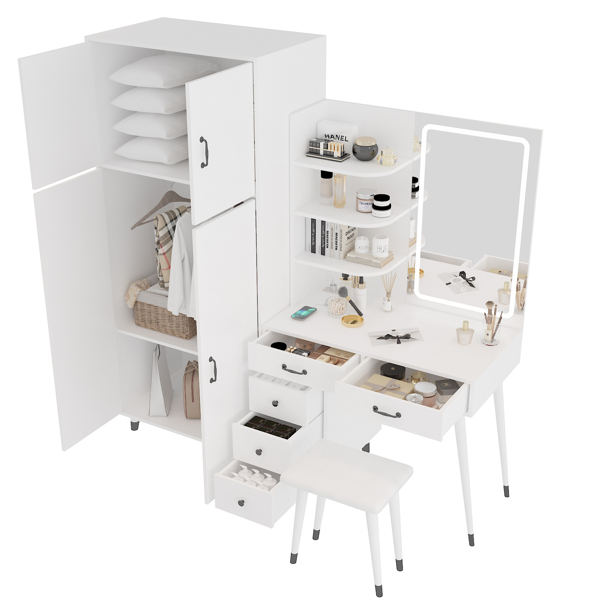 Makeup Vanity Table and Large Armoire Wardrobe Set, Dressing Table with LED Mirror and Power Outlets and 5 Drawers, 4 Door Bedroom Closet, White