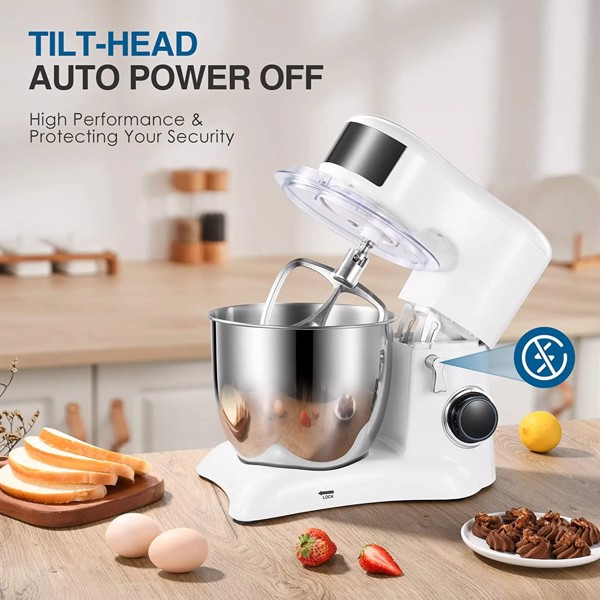  Food Processor Kneading Machine, 10 Speed Settings, with 5.5 Litre Stainless Steel Bowl, Whisk, Whisk, Mixing Bowl, 1300W (White)