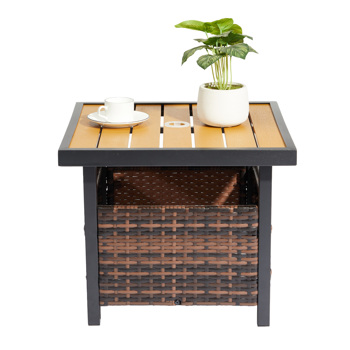 Outdoor Wicker Side Table with Umbrella Hole & Storage Space, Square PE Rattan End Table for Patio Garden Poolside Deck, Brown