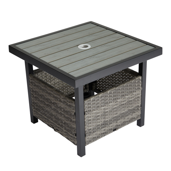 Outdoor Wicker Side Table with Umbrella Hole & Storage Space, Square PE Rattan End Table for Patio Garden Poolside Deck, Grey