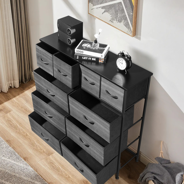 10 drawers, 6 large and 4 small, non-woven storage cabinets, cationic cloth surface + non-woven fabric drawers + particle board + iron frame 85*30*120cm, black wood grain drawer surface