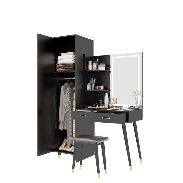 Makeup Vanity Table and Slim Armoire Wardrobe Set, Dressing Table with LED Mirror and Power Outlets and 2 Drawers, Tall Bedroom Closet with Hanging Rod, Black